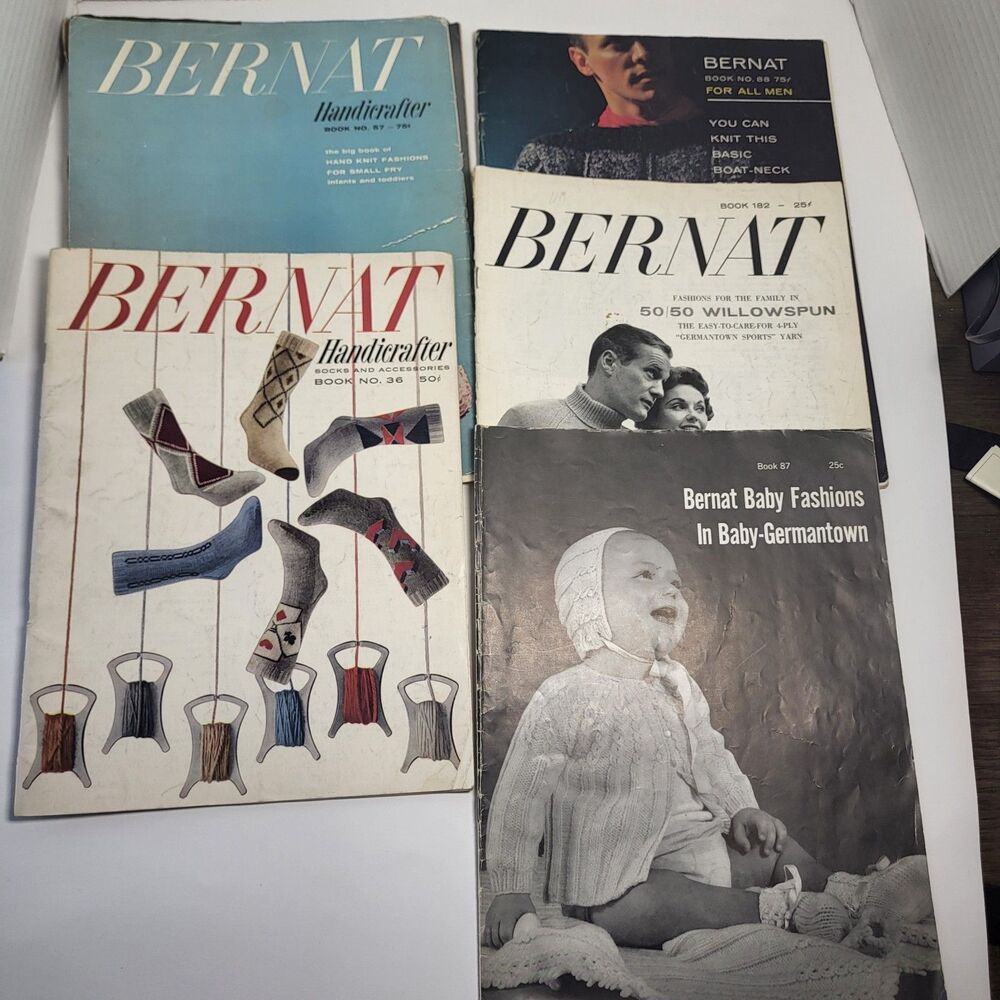 LOT of 5 Vintage BERNAT PATTERNS, Men, Women and Children, Afghans 50's-60's